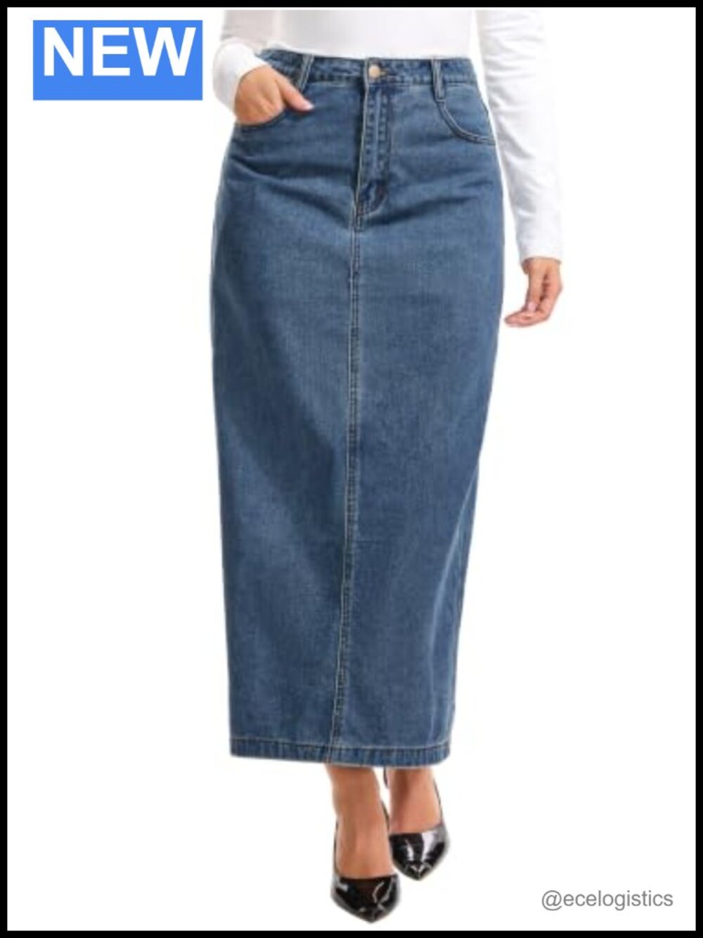 Women's High Waisted Maxi Denim Skirt H-Line with Pockets & Back Slit